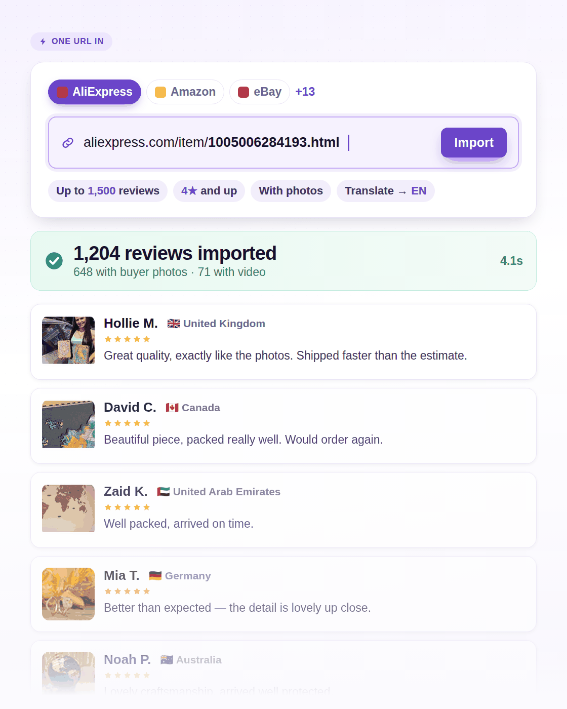 Pasting one AliExpress product URL and importing 1,204 reviews, 648 of them with buyer photos