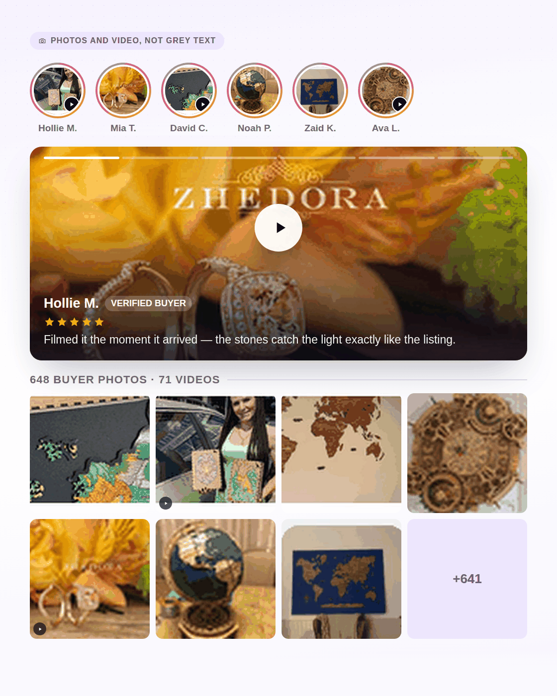 A Review Reels strip of buyer photos and video above a grid of 648 imported buyer photos