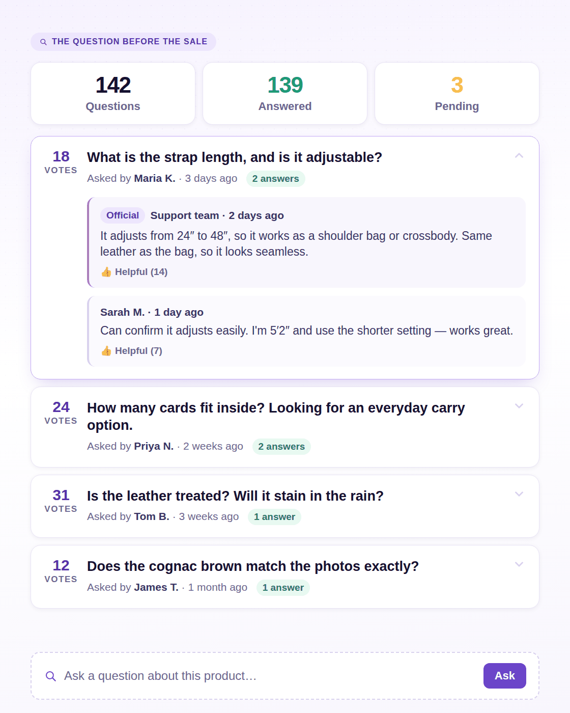 A product Q&A block: 142 questions, 139 answered, one expanded with an official answer and a customer answer
