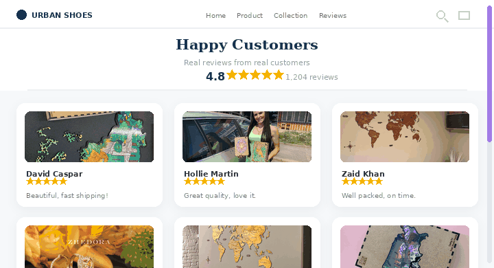 Happy Customers page — a whole page of real buyers